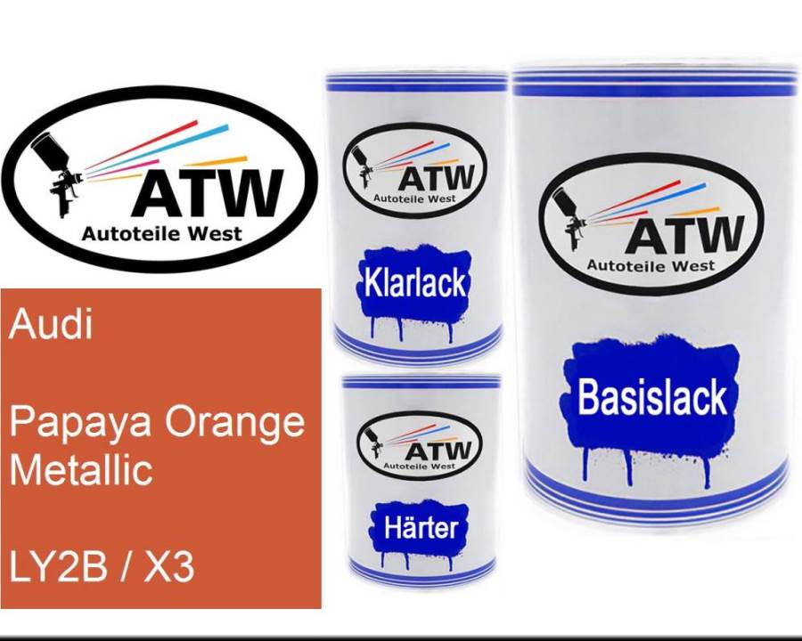 Audi, Papaya Orange Metallic, LY2B / X3: 500ml Lackdose + 500ml Klarlack + 250ml Härter - Set, von ATW Autoteile West.